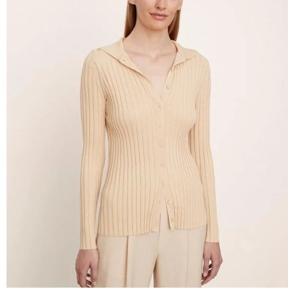 VINCE Ribbed Collared Polo Style Knit Fitted Cardigan Sweater Top L NWT - Picture 2 of 9